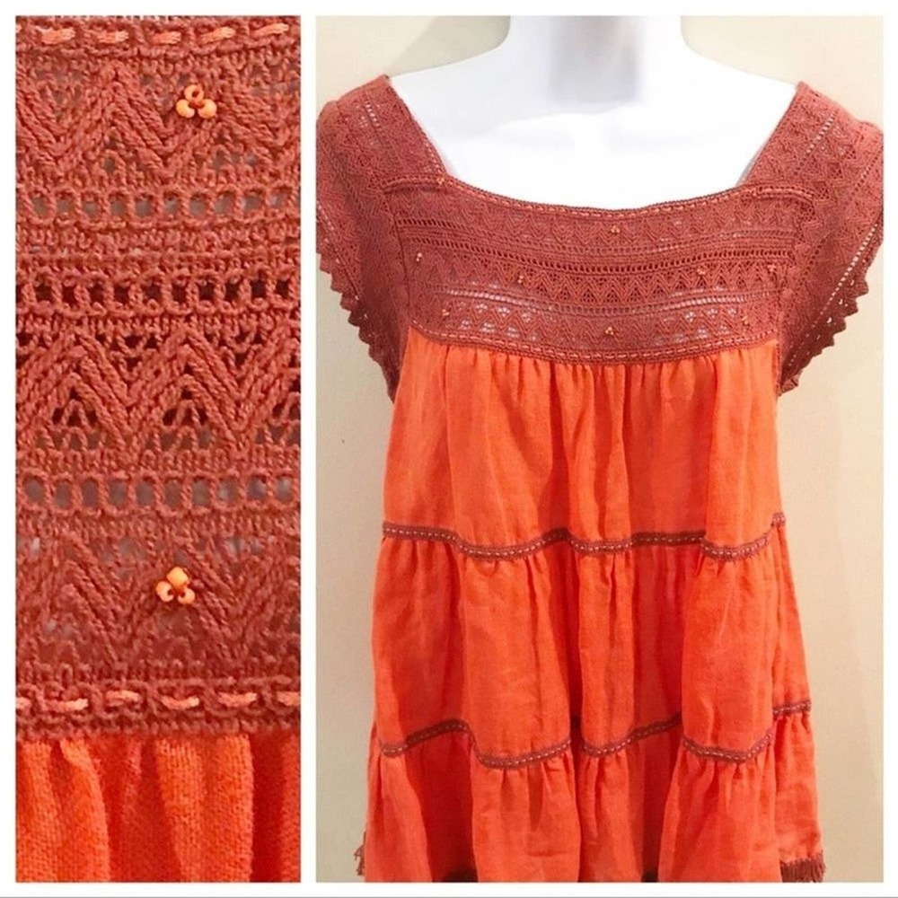 Free People Embroidered Beaded Bohemian Style Top Coral Size Small